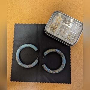 Boho Chic Hoop Earrings Leopard Print Blue Tan Statement Earrings Unique Jewelry